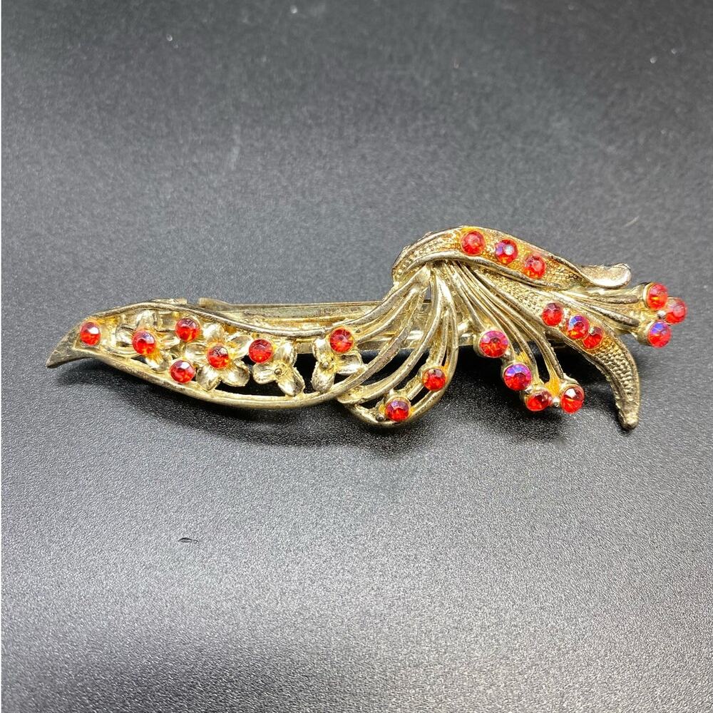 Vintage Art Deco style Gold toned‎ Barrette with Iridescent red/pink rhinestones